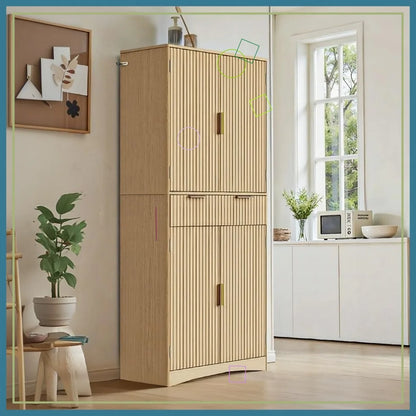 72" Tall Fluted Pantry Cabinet with Adjustable Shelves,  - Natural Oak Kitchen Storage