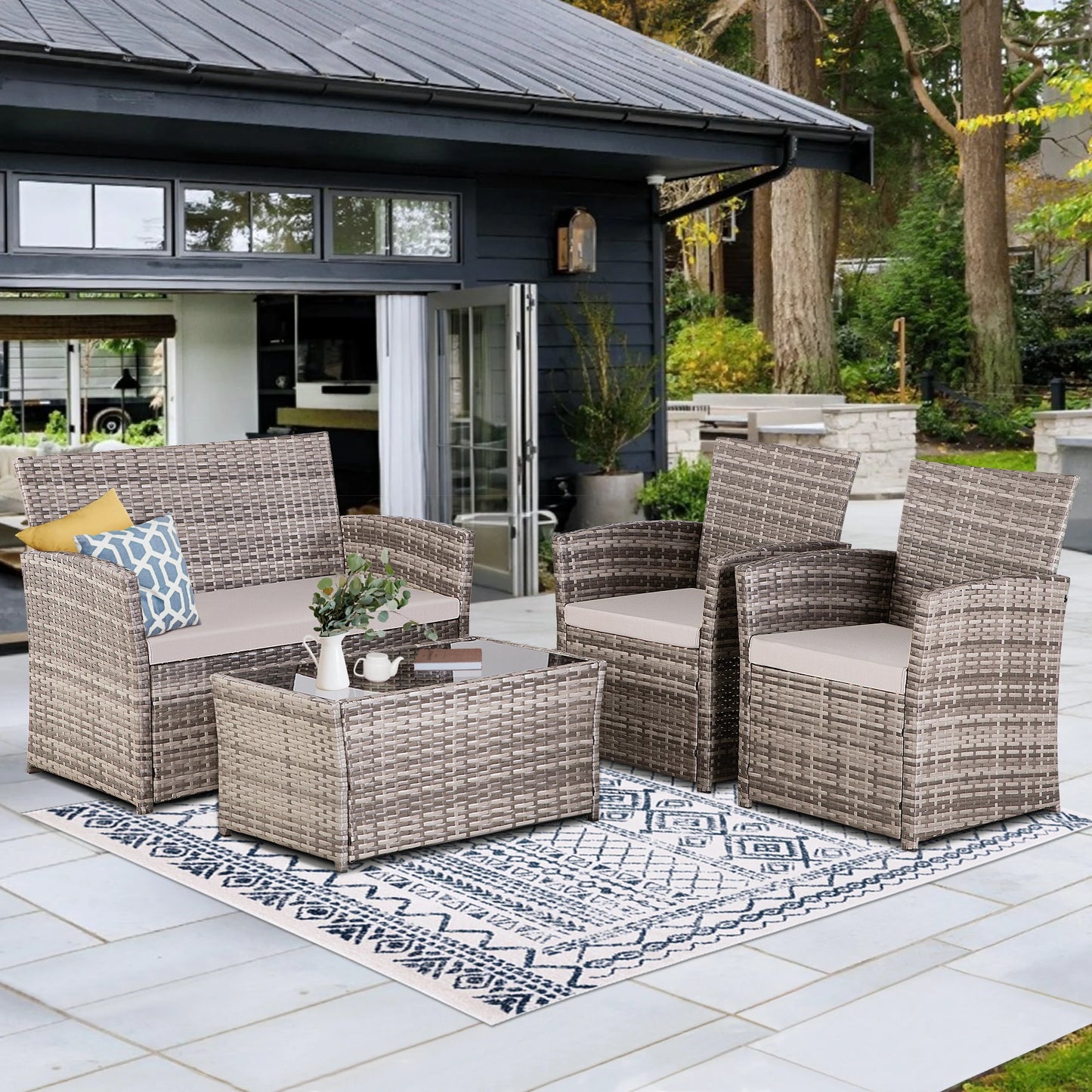 4 Piece Patio Furniture Set, , Rattan Sectional Sofa Couch with Coffee Table & Seat Cushions for