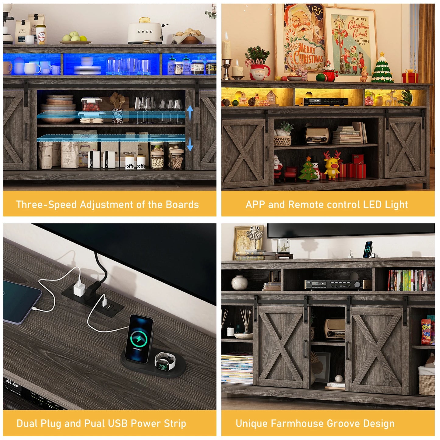 TV Stand Farmhouse Coffee Bar Cabinet Rustic Sliding Barn Door Cabinet with Power Outlet & LED Light