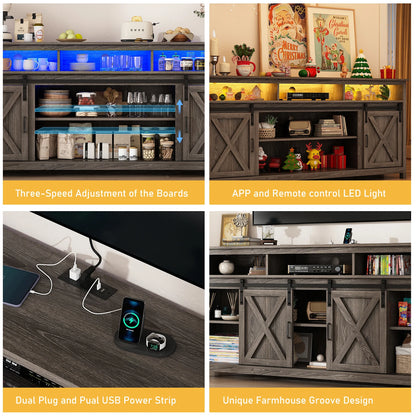 TV Stand Farmhouse Coffee Bar Cabinet Rustic Sliding Barn Door Cabinet with Power Outlet & LED Light