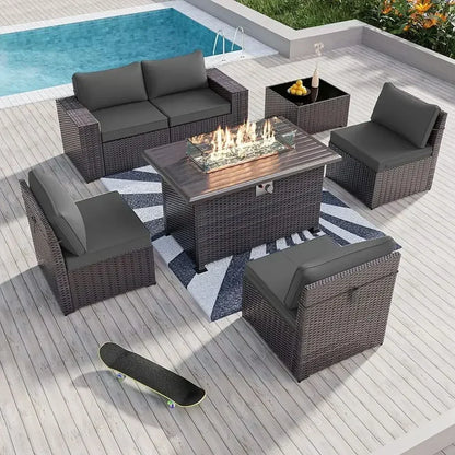 7-Piece Outdoor Patio Furniture Set with 43 Gas Propane Fire Pit Table and Wicker Rattan  Sofa, Grey
