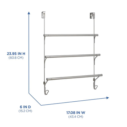 Mainstays SnugFit Over-the-Door 3-Tier Towel Bar with 2 Hooks, Satin Nickel
