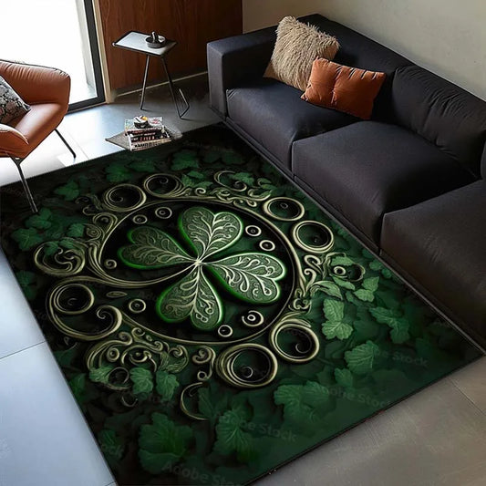 Elegant Shamrock Rug for Living Room -Celtic Knots and Green Leaves Design,