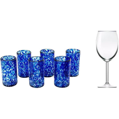 Hand Blown Blue Confetti Recycled Glasses 5 Oz 'Marine' Set Of 6