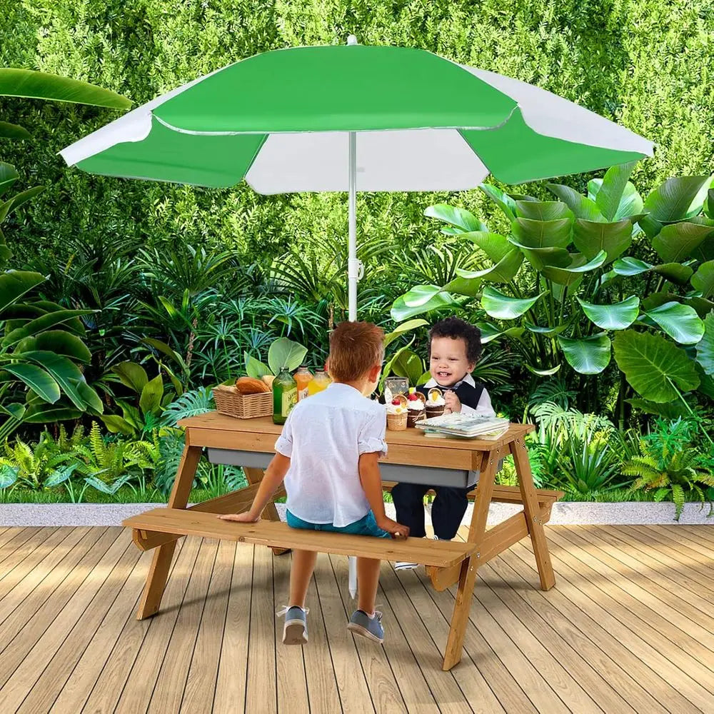 All-in-One Sand & Water Picnic Table with Adjustable Umbrella for Outdoor Play and Patio Use