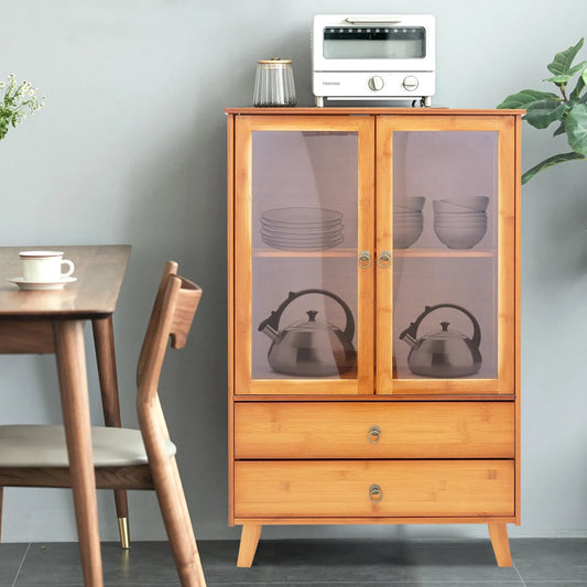 Vintage Style Kitchen Storage Cabinet, 2-Tier Bamboo Sideboard with Smooth Drawers for Kitchen and Dining Area