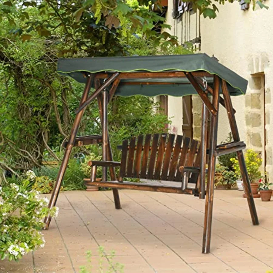 2Person Patio Swing Chair  Wooden Porch Bench Loveseat with Adjustable Canopy and Side Trays for Garden Poolside