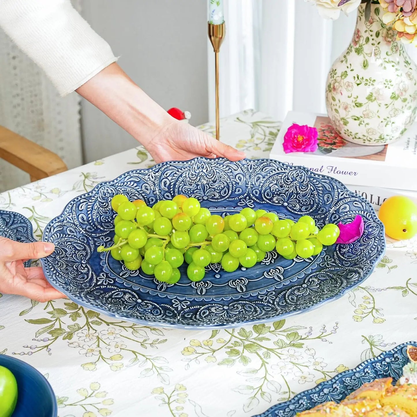 Antique Baroque Style Porcelain Serving Platter, Set of 2