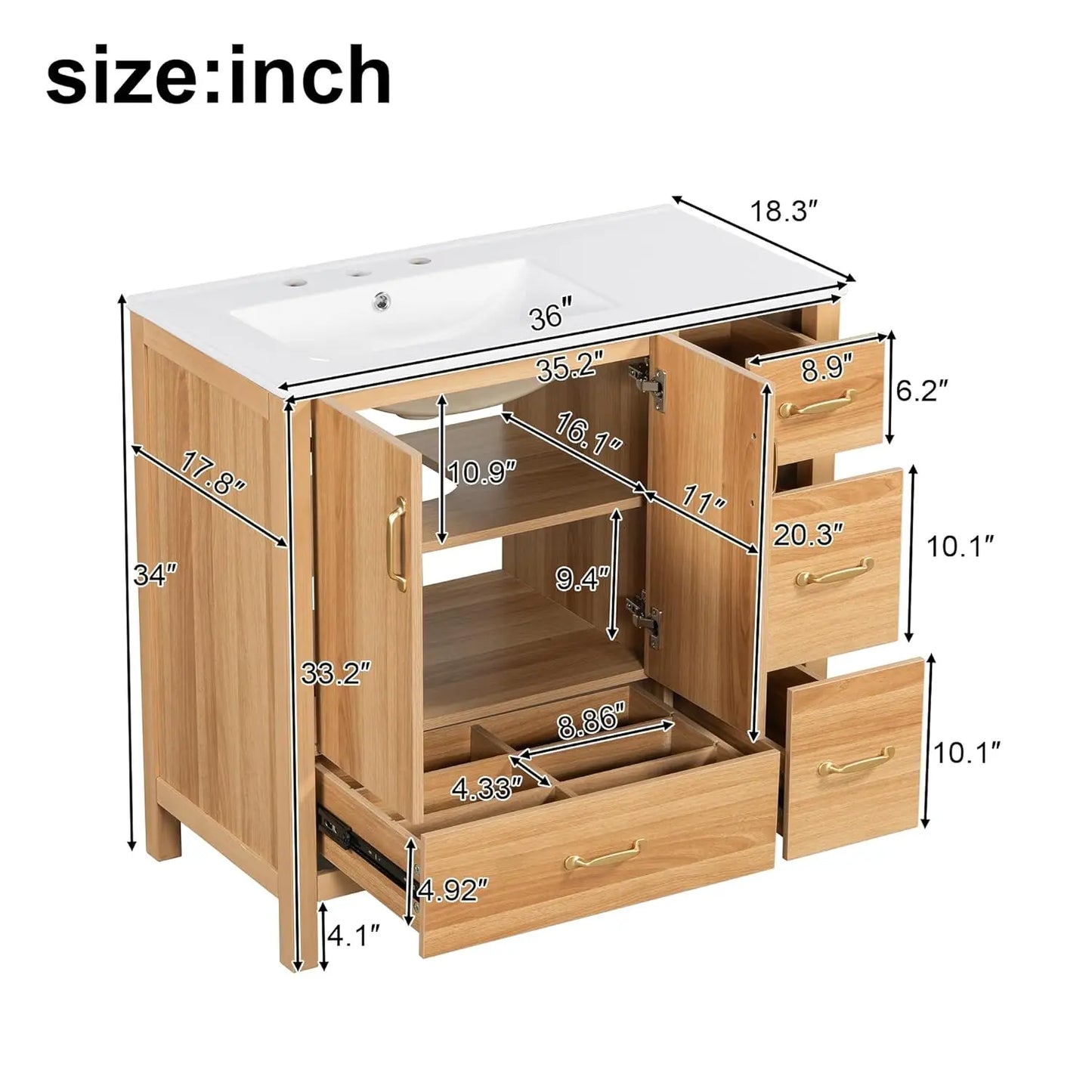 36in Wood Bathroom Vanity with Sink 3 Drawer Storage Adjustable Shelf Natural, Customized,  6 different colors