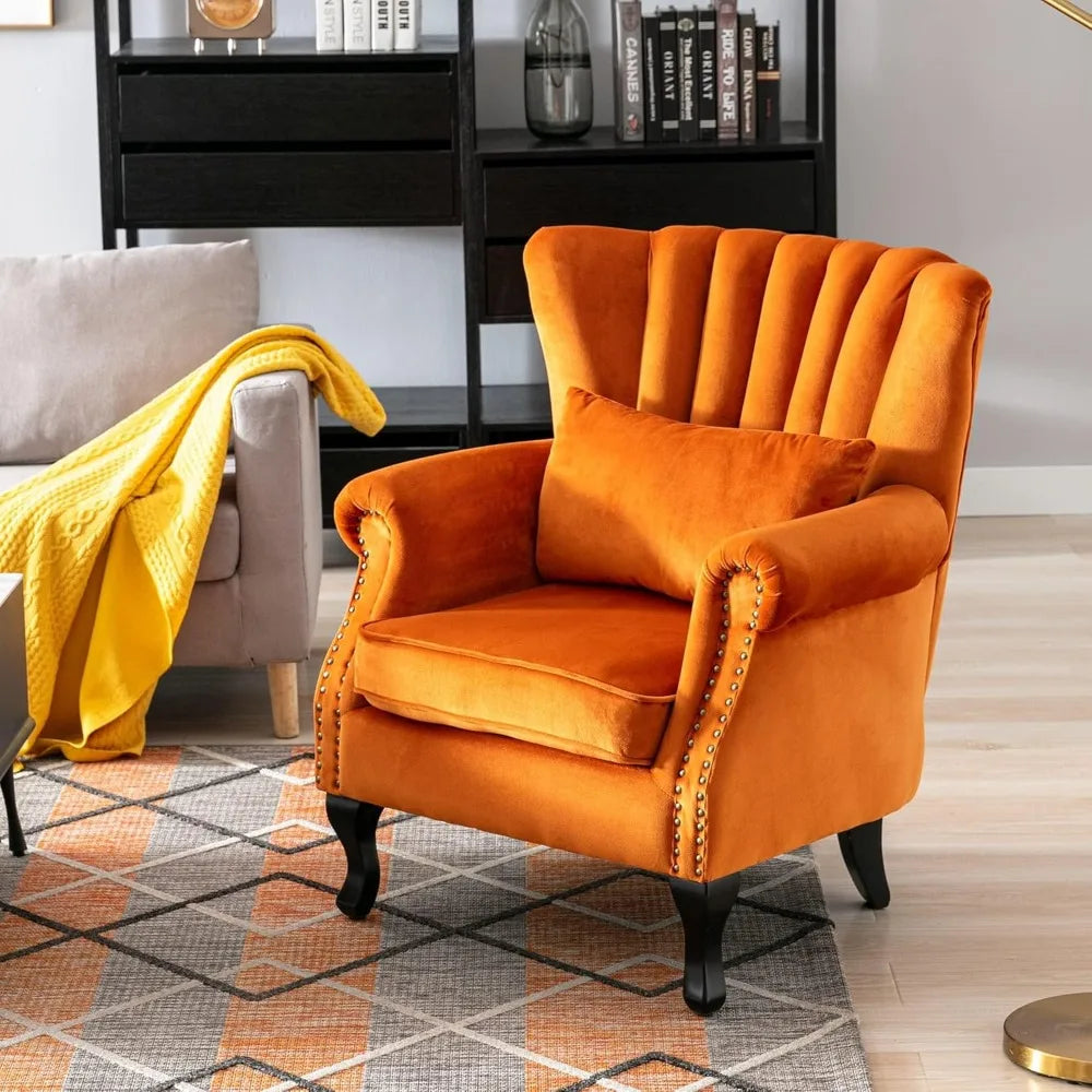 Mid-Century Modern Accent Chair, Comfortable Single Sofa with Channel Back and Pillow for Living Room and Bedroom