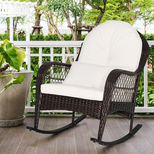 Patio Wicker Rocking Chair, Outdoor Rocker with Seat and Back Cushion, Waist Pillow, Armrests, Garden Chair