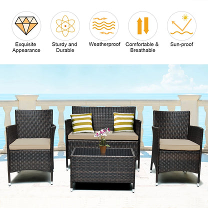 4PCS Rattan Patio Furniture Set Cushioned Sofa Chair Coffee Table Garden