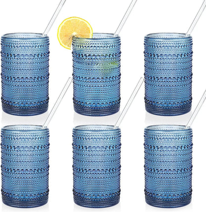 Set of 6 Vintage Blue Hobnail Drinking Glasses, 15oz Embossed Glass for Beer, Juice and Mixed Drinks