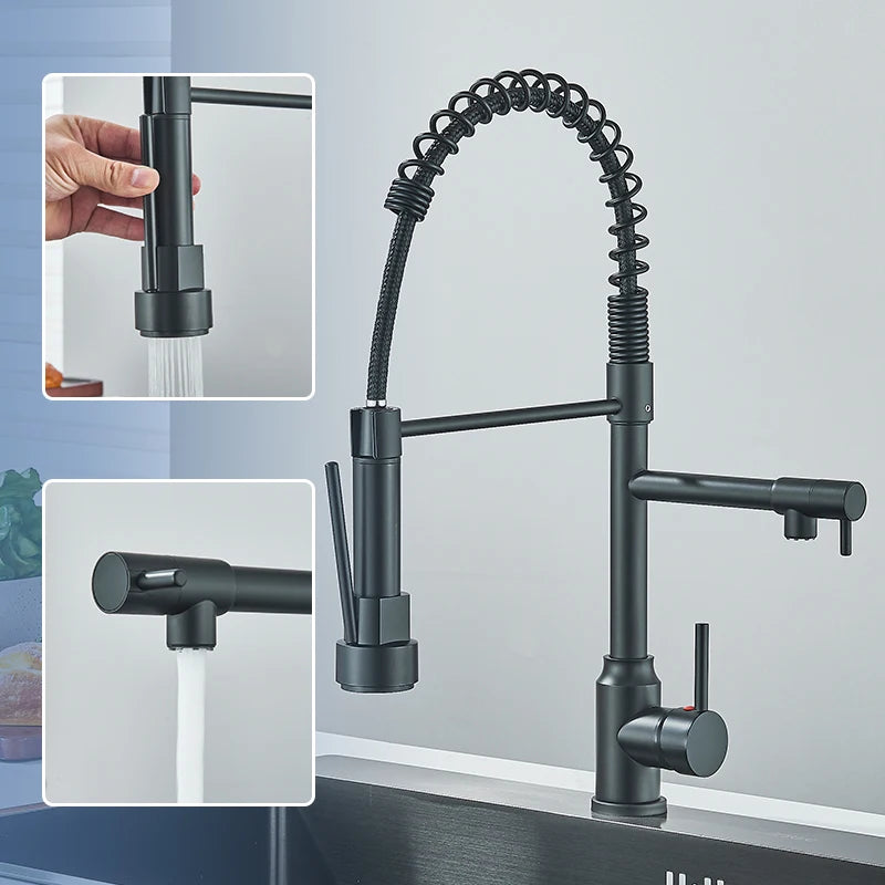 Black Kitchen Faucet With Pull Down Spring Sprayer Deck Mounted Hot and Cold Water Mixer