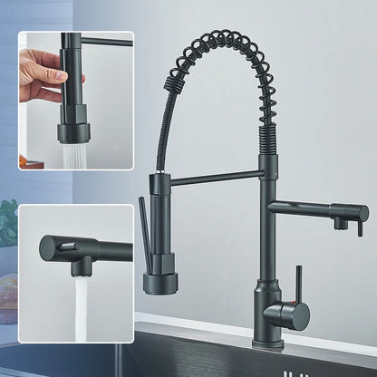 Black Kitchen Faucet With Pull Down Spring Sprayer Deck Mounted Hot and Cold Water Mixer