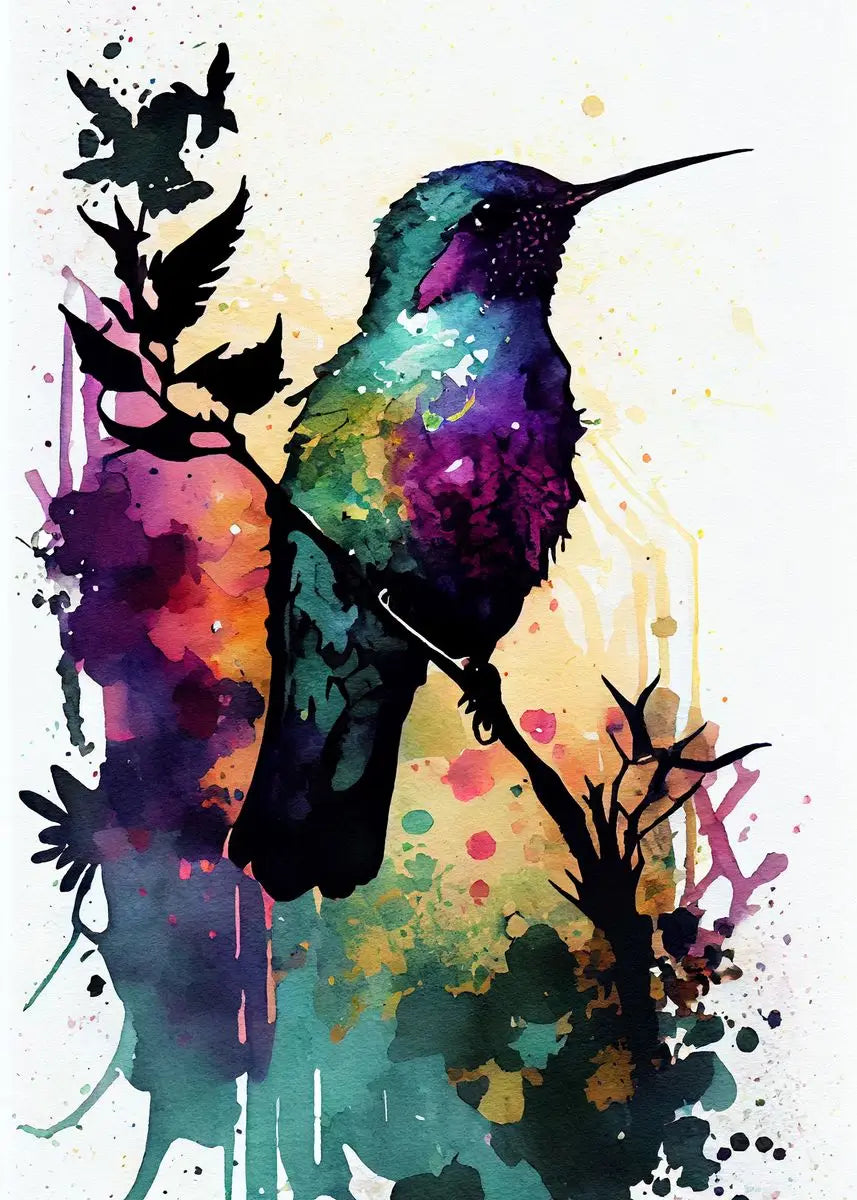 Watercolor Hummingbird Flower Wall Art