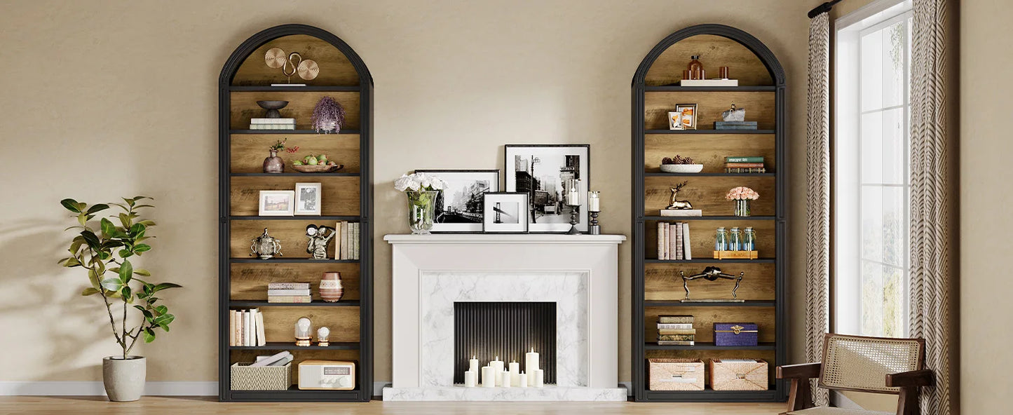 Modern Arched Bookcase with Storage, Standing Open Display Shelving
