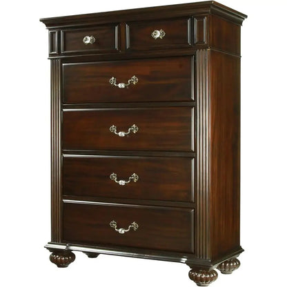 6-Piece Solid Wood Traditional Bedroom Set with Chest, Mirrored Dresser, 2 Nightstands,