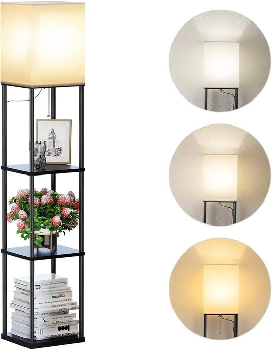 Modern Square Floor Lamp with Shelves, 3-Color Temperature Bulb, Corner Display for Living Room