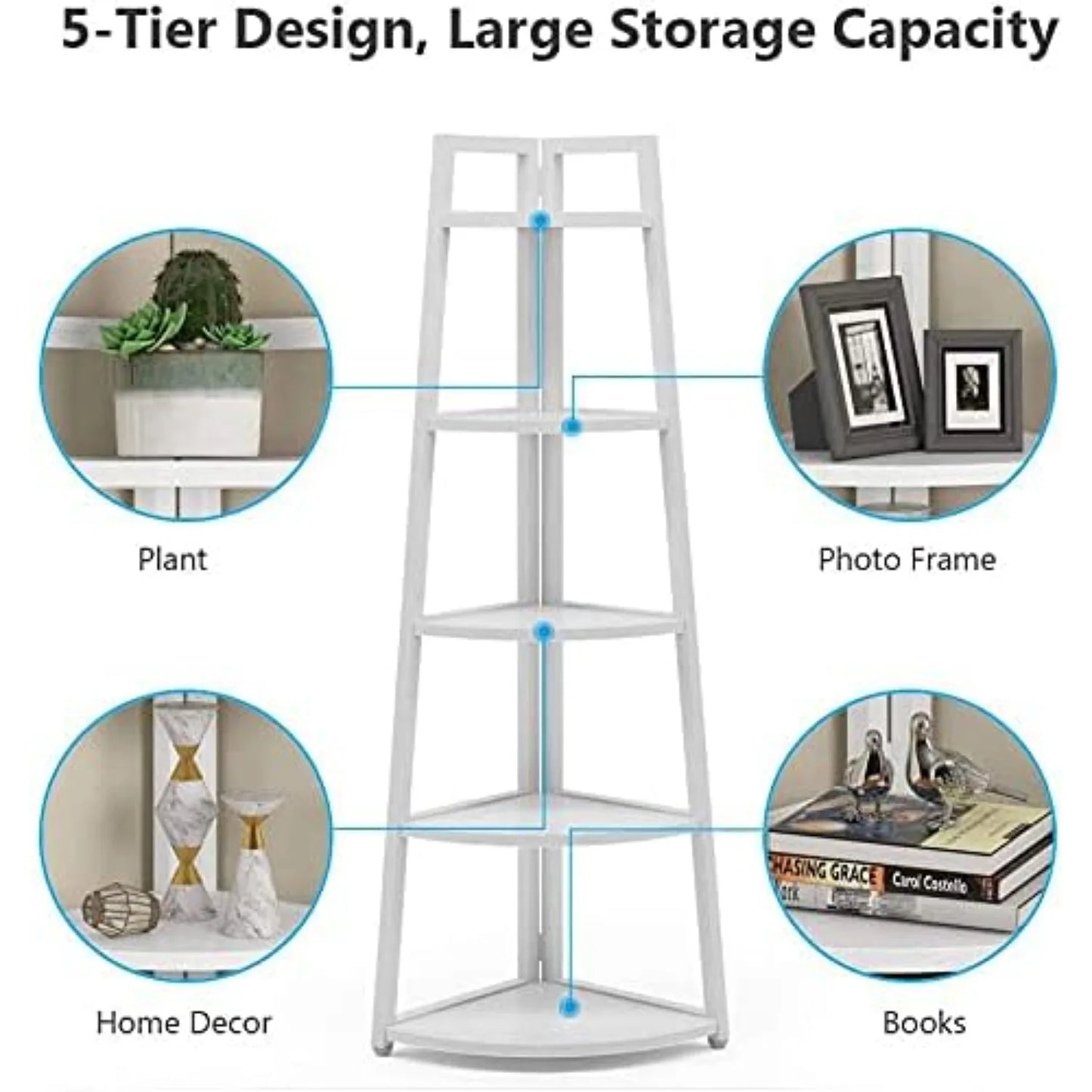 5 Tier Corner Bookshelf and Bookcase, 70 inch Tall Corner Shelves Standing Unit Indoor Plant Stand for Living Room (White)