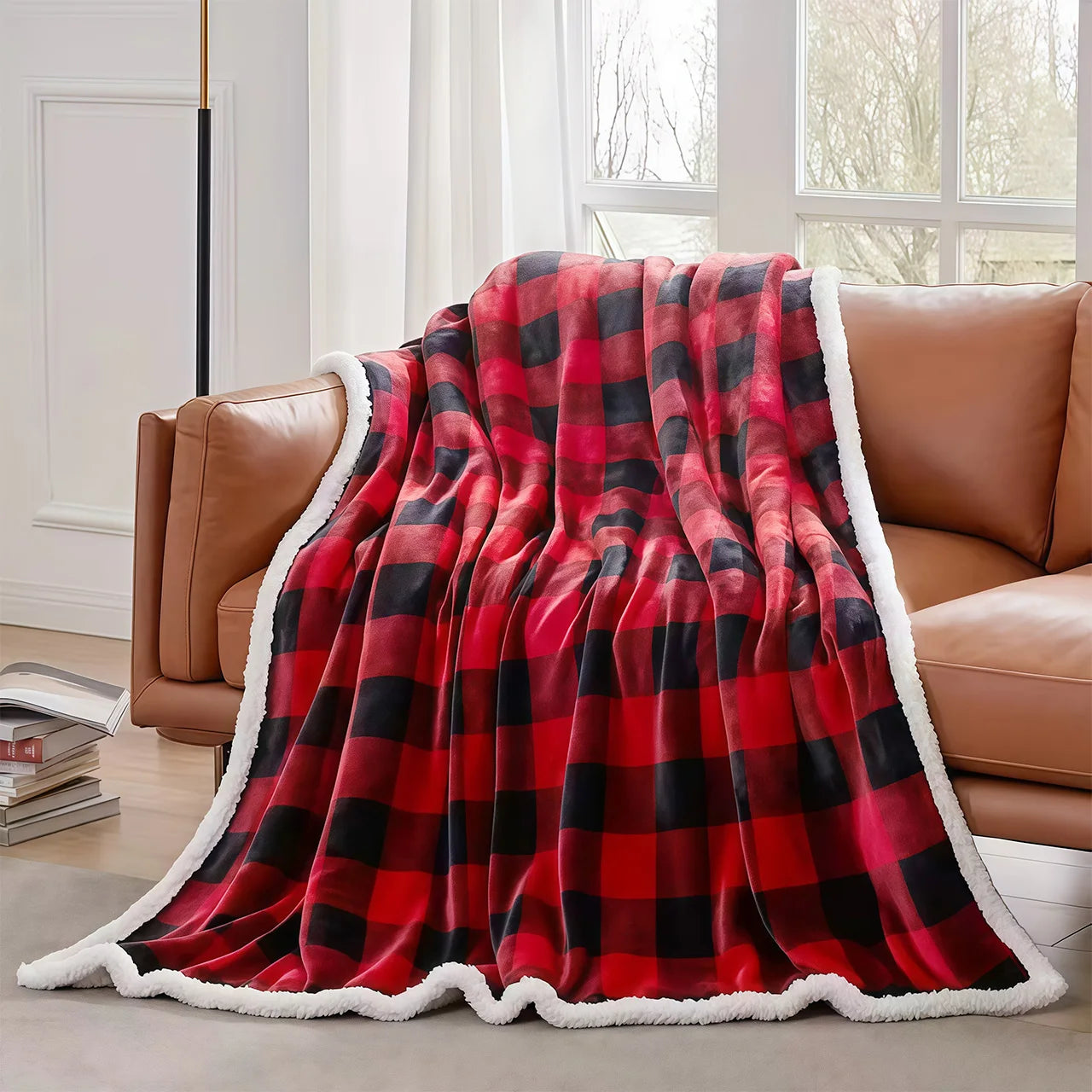 1pc Cozy Sherpa Fleece Buffalo Plaid Blanket -