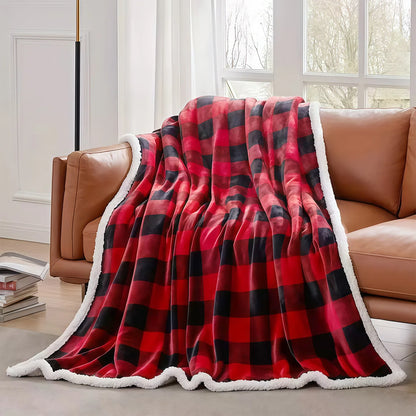 1pc Cozy Sherpa Fleece Buffalo Plaid Blanket -
