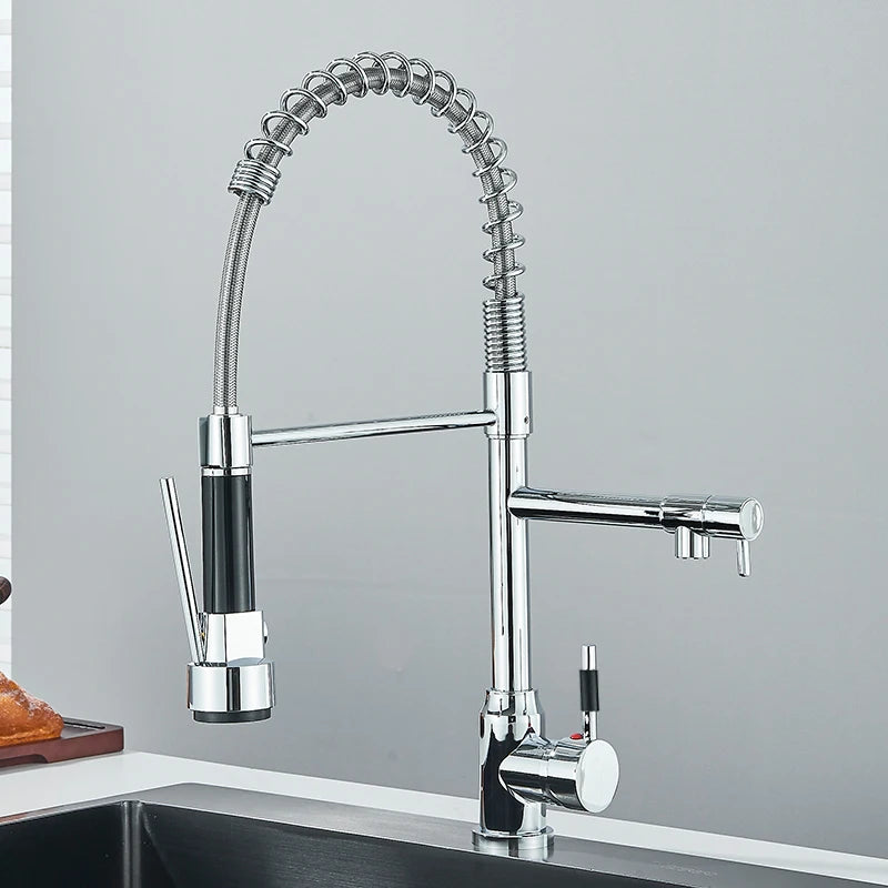 Black Kitchen Faucet With Pull Down Spring Sprayer Deck Mounted Hot and Cold Water Mixer