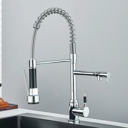 Black Kitchen Faucet With Pull Down Spring Sprayer Deck Mounted Hot and Cold Water Mixer