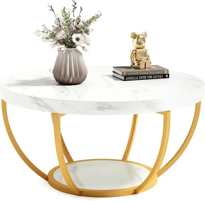 32" Circle Marble Coffee Tables, 2-Tier Golden Metal Legs
