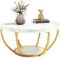32" Circle Marble Coffee Tables, 2-Tier Golden Metal Legs