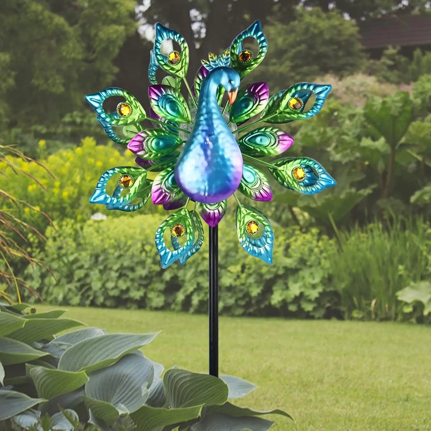 Peacock Solar Wind Spinner 62Inch Double Wind Sculpture with Color Changing LED Light  Yard Spinners