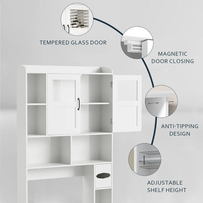 Over Toilet Storage Cabinet With Glass Door, 67.4" Adjustable Bathroom Organizer, Freestanding Cabinet