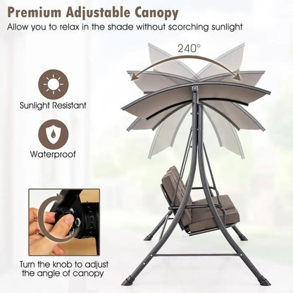 Person Porch Swing, Outdoor Swing with Removable Cushions, Solid Steel Structure, with Adjustable Canopy for Garden,