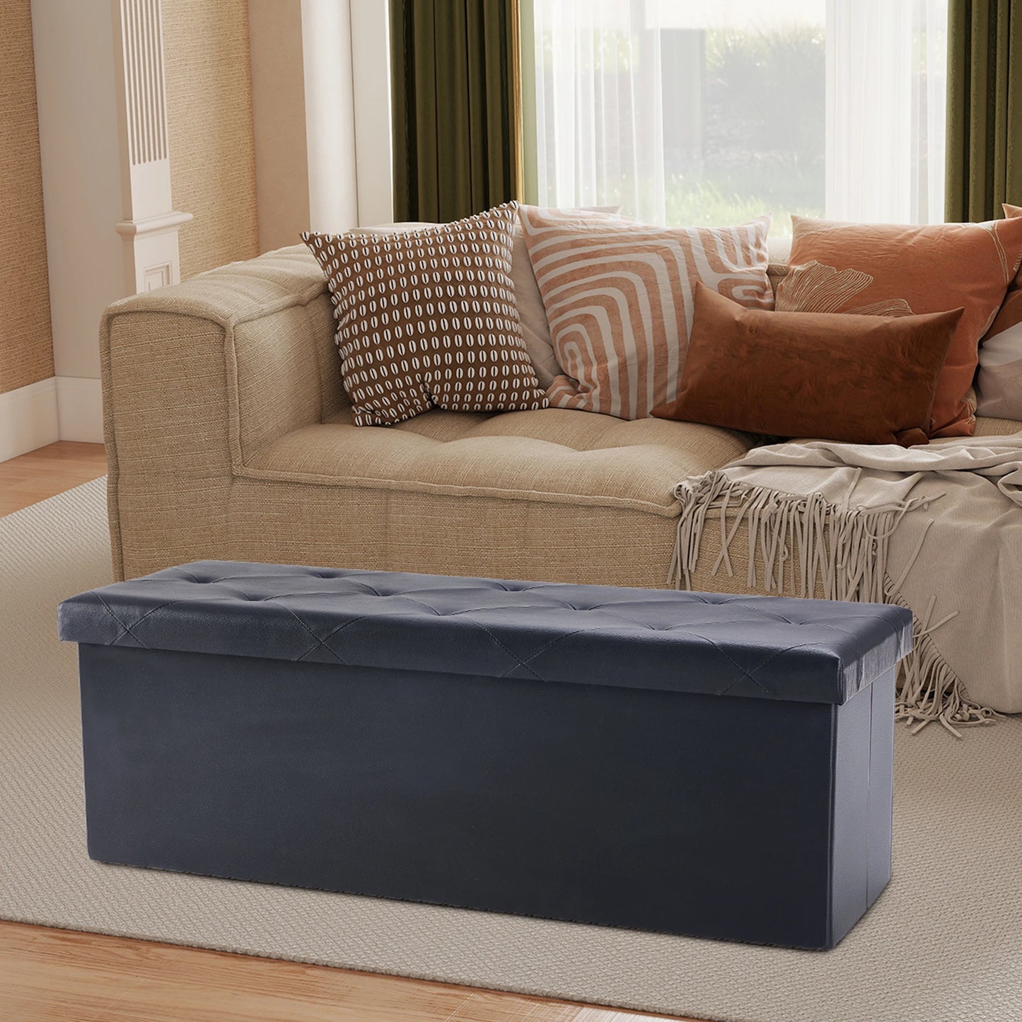 JHK 43 Inches Leather Folding Ottoman Storage Footstool For Living Room