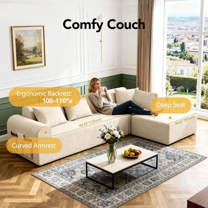 Cloud Boneless Sectional Sofa for Living Room, 4-Seater L-Shaped Comfy Couch with Ottoman, 4 Pillows, Deep, Customized
