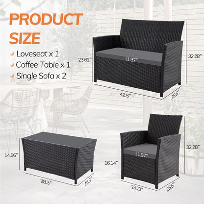 4 Piece Patio Furniture Set, , Rattan Sectional Sofa Couch with Coffee Table & Seat Cushions for