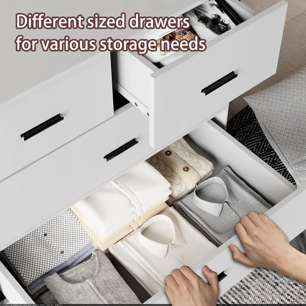 Wooden 6-Drawer Cabinet with Power Outlets and Large White Storage Organizer for Closets, Bedrooms, and Hallways