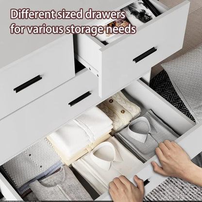 Wooden 6-Drawer Cabinet with Power Outlets and Large White Storage Organizer for Closets, Bedrooms, and Hallways