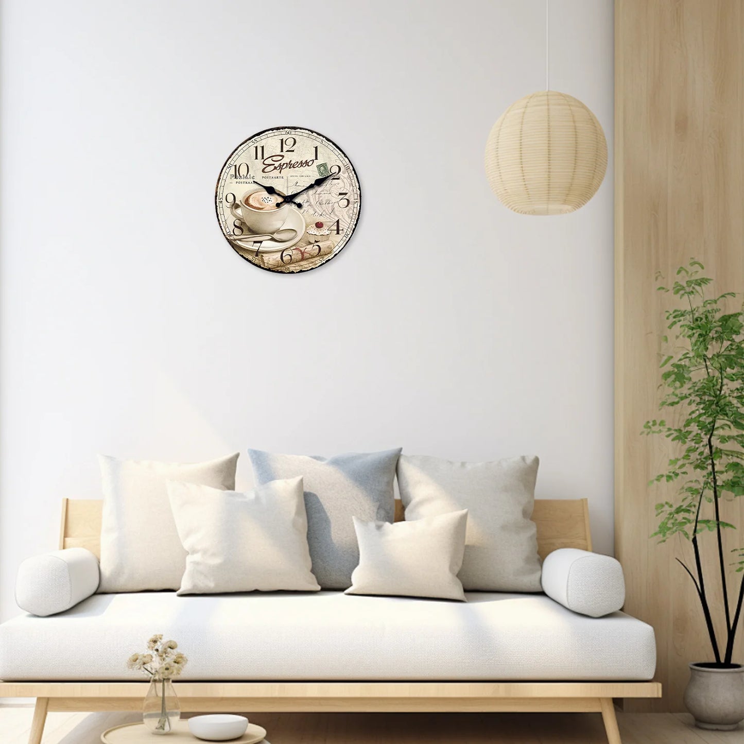 European Retro Coffee Cup Pattern Wooden Wall Clock for Kitchen, Home Decoration, Silent Quartz Clock,