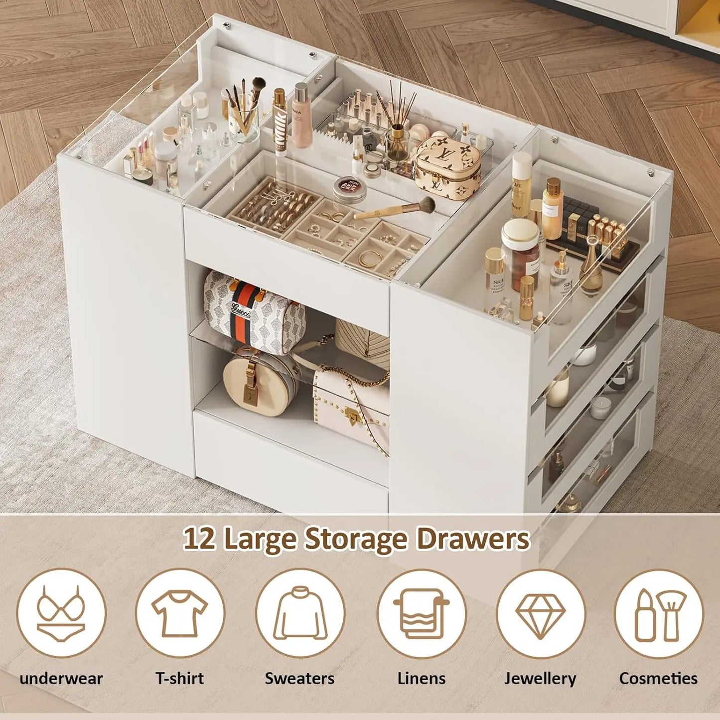 Closet Island with Drawers, Wardrobe Armoire Bedroom Island, Glass Display Shelf & 12 Drawers,