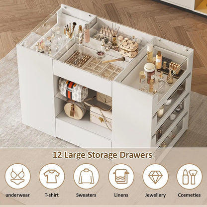 Closet Island with Drawers, Wardrobe Armoire Bedroom Island, Glass Display Shelf & 12 Drawers,