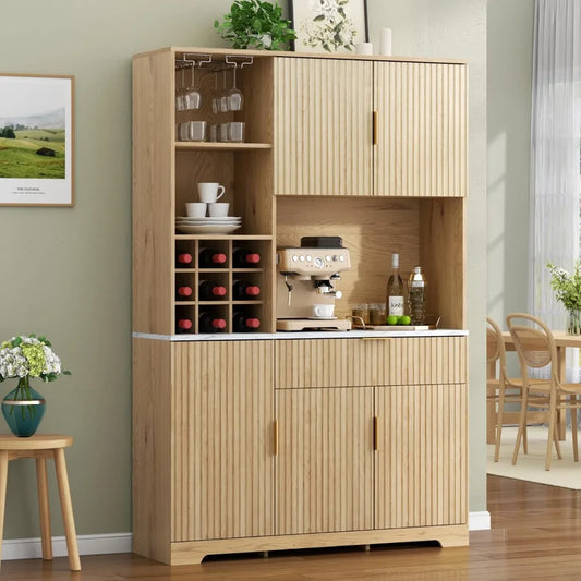 72” Tall Kitchen Pantry Cabinet, Fluted Storage Cabinet with Microwave Stand, Wine Bar Cabinet with Storage Hutch