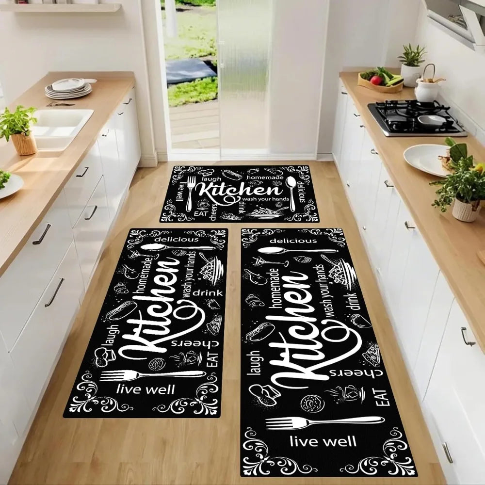Kitchen Mats for Floor, Sets of 3, Black Farmhouse
