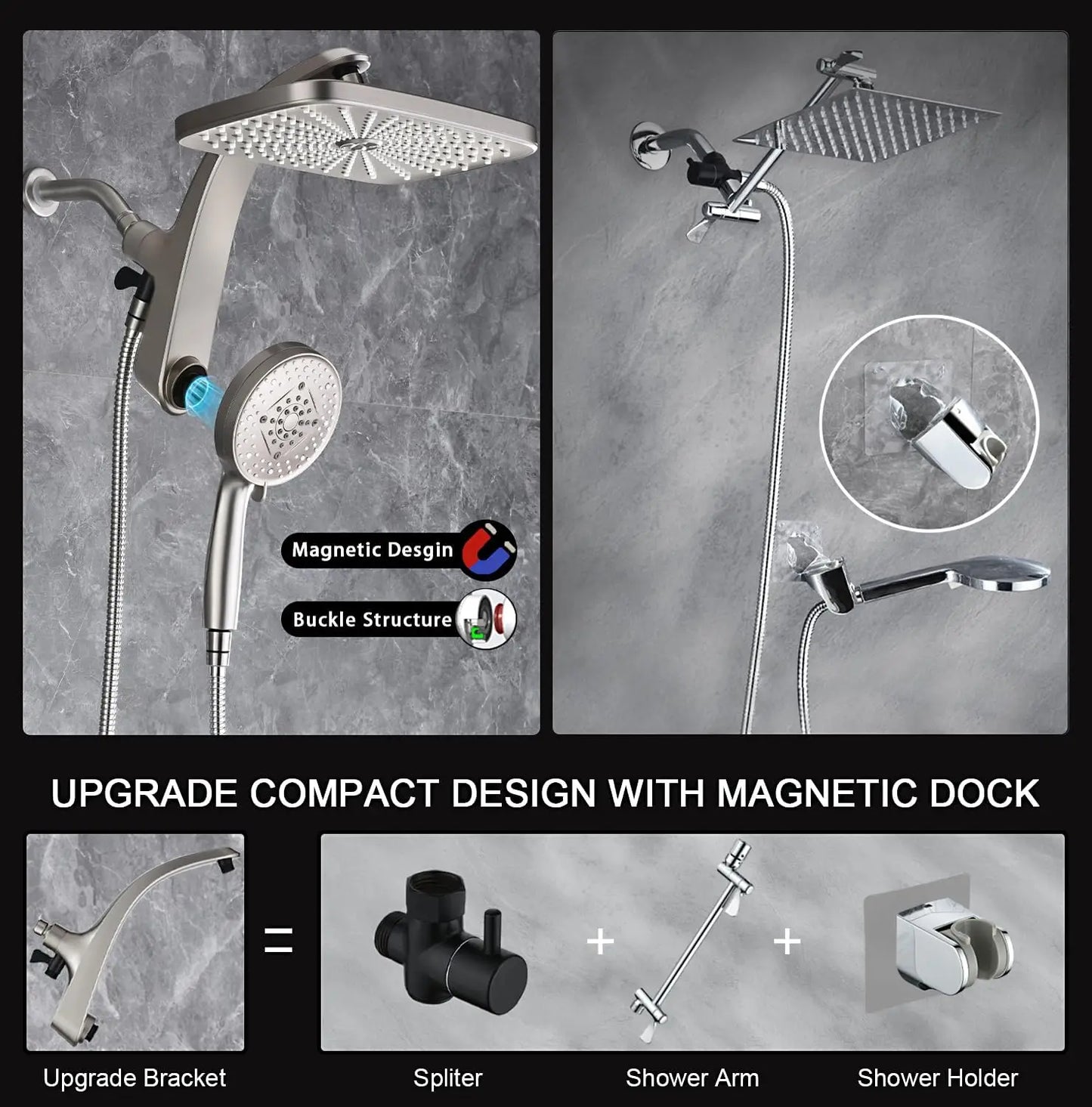 High Pressure Rain Shower Head with Handheld Spray Combo, Magnetic Docking and Power Jets