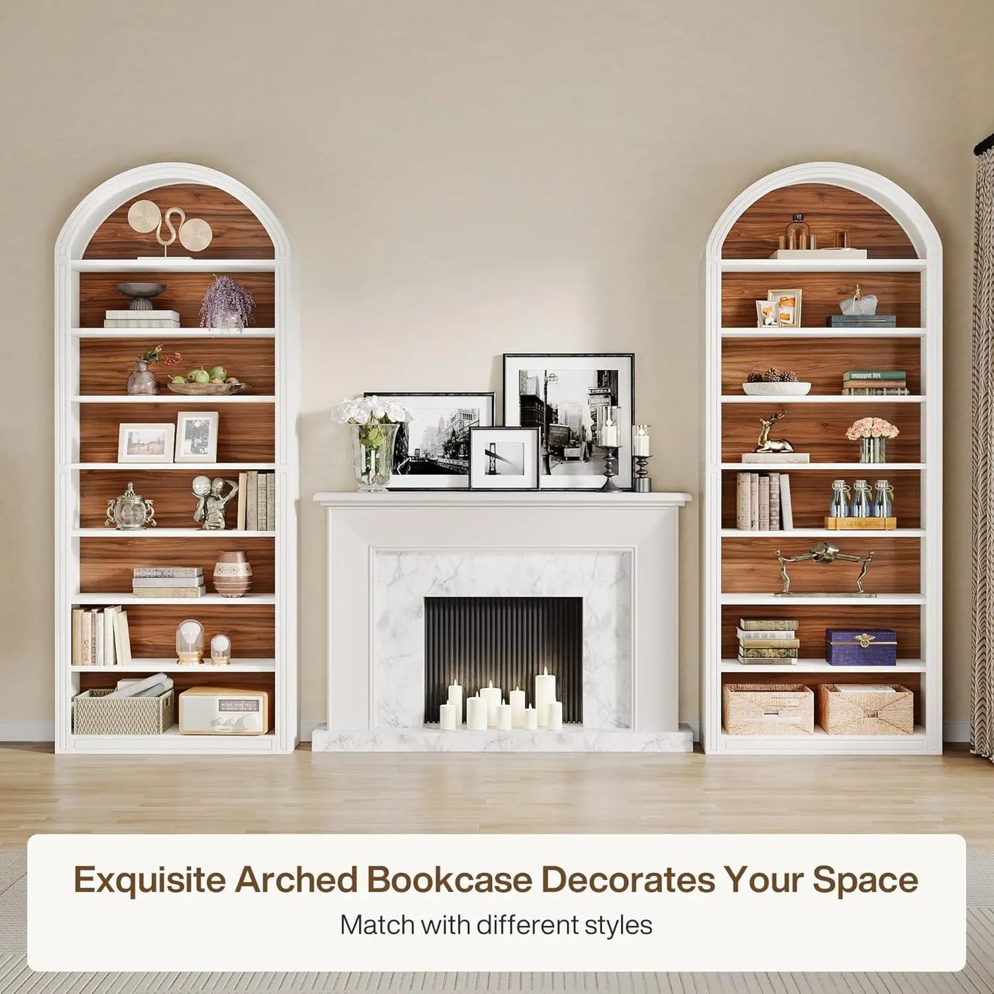 Modern Arched Bookcase with Storage, Standing Open Display Shelving