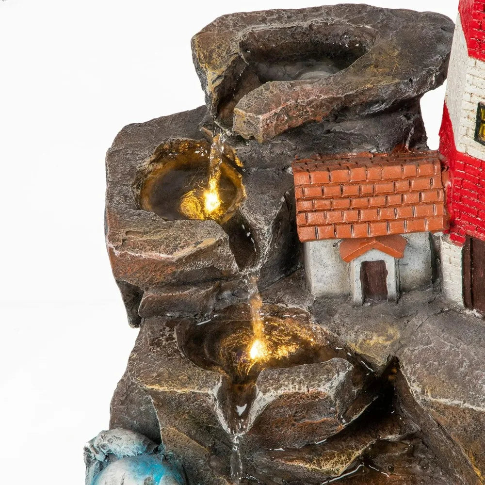 23" H Lighthouse Outdoor Water Fountain, Freestanding  with Rotating Led Light, 4-Tier Modern Water Feature