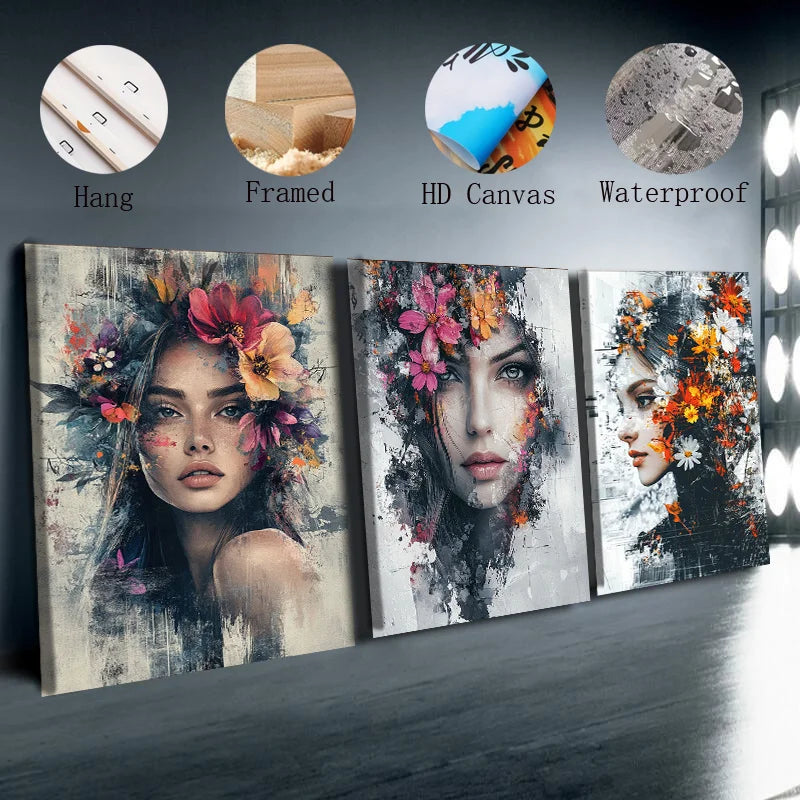 2D Flat, 3pcs wooden framed canvas painting