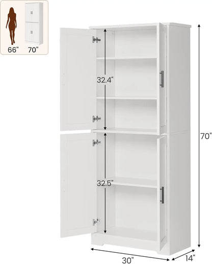 70 Inch Tall Kitchen Pantry Cabinet, Freestanding Storage Cabinet with 4 Doors and Adjustable Shelves,