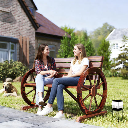 Outdoor Rustic Fir Wood Bench with Wagon Wheel Armrests Weather Resistant 550 Lbs Capacity 2 Seater
