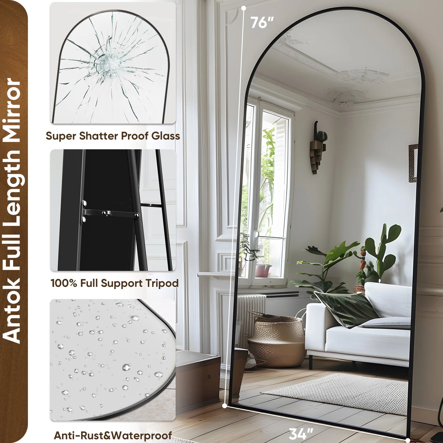 Arch Floor Mirror, 76"x34" Full Length Mirror - Freestanding  with Stand for Bedroom or Living Room